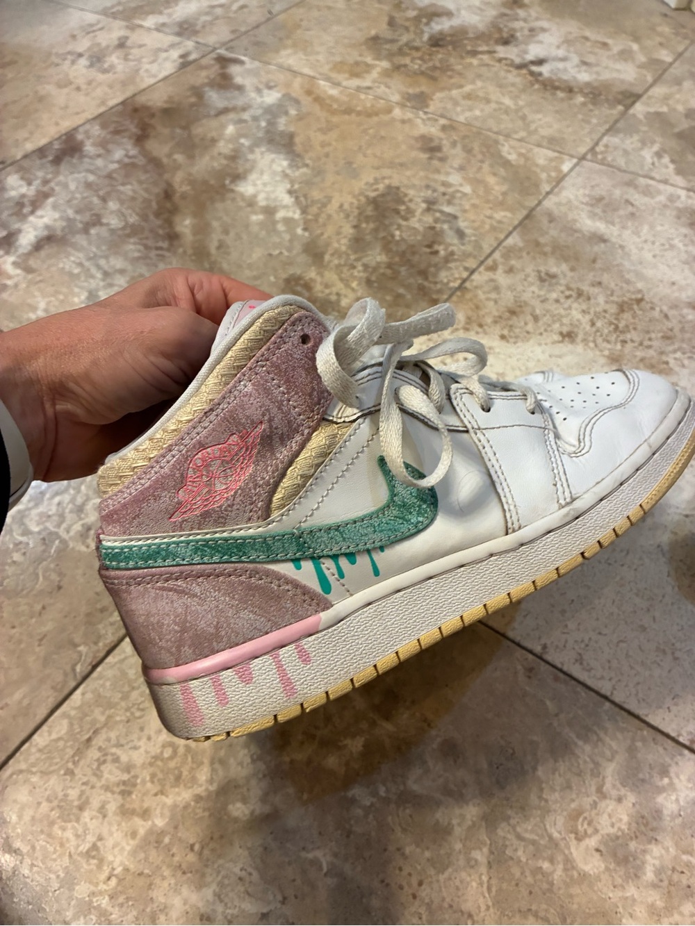 Jordan Kids High-Top Sneakers in White with Pink, Green and Cream Accents